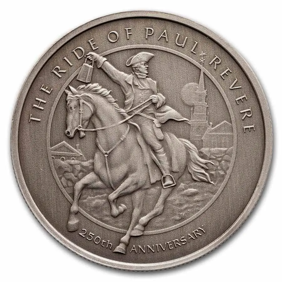 Stříbrná mince 250. výročí jízdy Paula Reverea (starožitná s krabičkou) 1 Oz