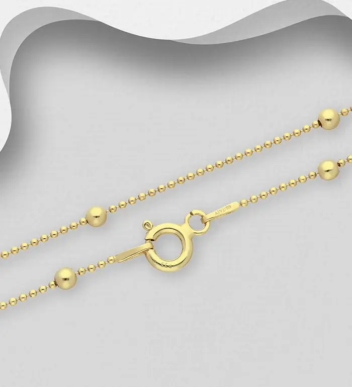 Řetízek z korálků ze stříbra o průměru 1 mm, šířka kuličky 2,5 mm, pokovený 18kt žlutým zlatem o síle 0,5 mikronu, délka 45,7 cm