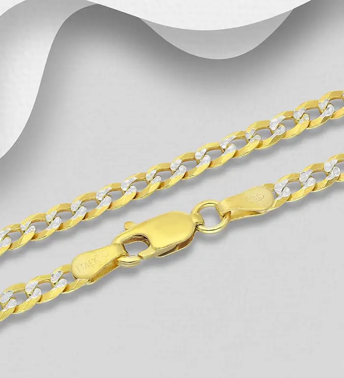 Řetízek ze stříbra , pozlaceného 18kt žlutým zlatem o síle 0,25 mikronu, šířka 3,2 mm, délka 55,9 cm