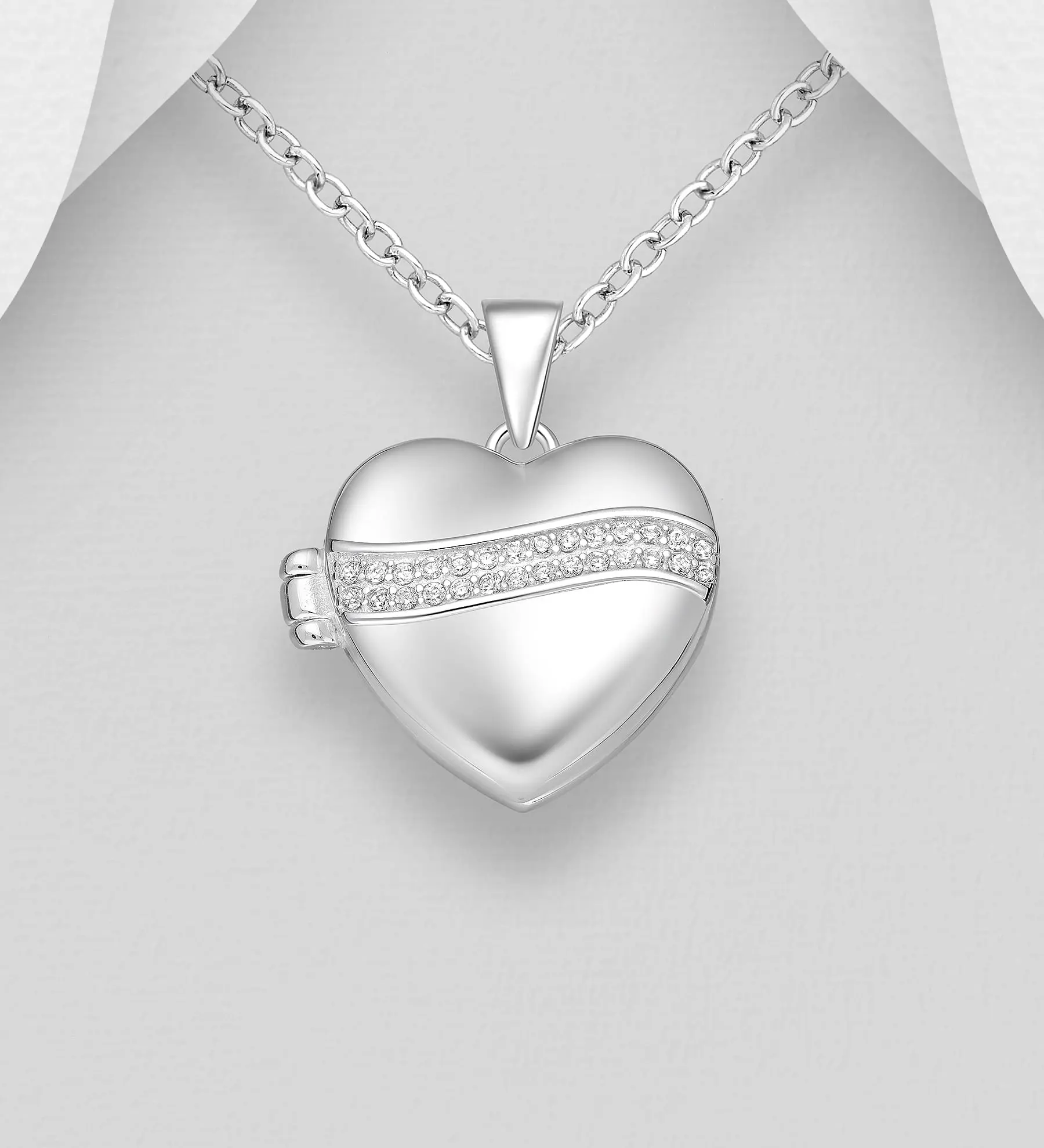 Přívěsek ze stříbra 925 ve tvaru srdce, zdobený imitací diamantů CZ-otevírací medailon