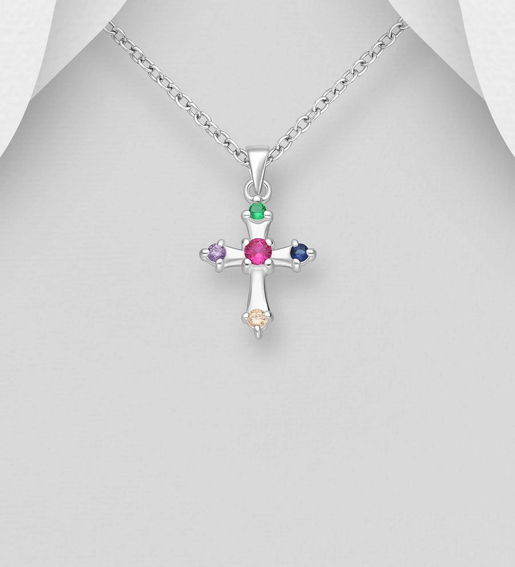 Přívěsek kříž ze stříbra 925, zdobený barevnou imitací diamantů CZ