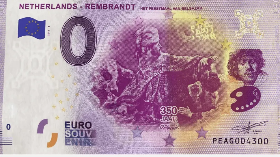0 Euro Suvenýrová bankovka NIZOZEMSKO – REMBRANDT „Het Feestmaal Van Belsazar“