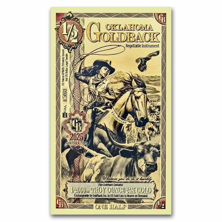 Zlatý slitek 1/2 Oklahoma Goldback – Aurum Gold Foil Note (24k)