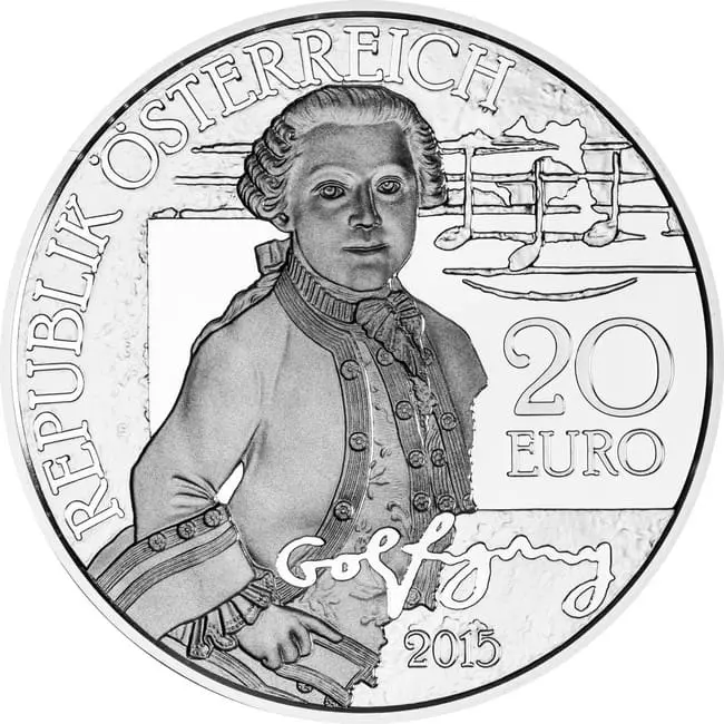 Stříbrná mince 20 € Rakousko 2015, Mozart - Zázračné dítě