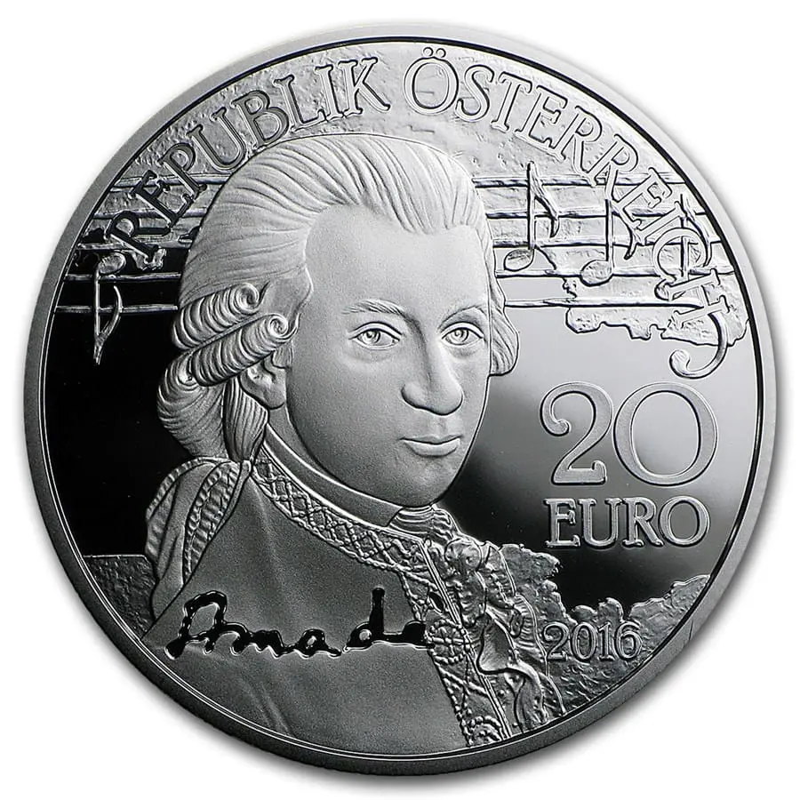Stříbrná mince 20 € Rakousko 2016 Proof Amadeus Mozart (Génius)