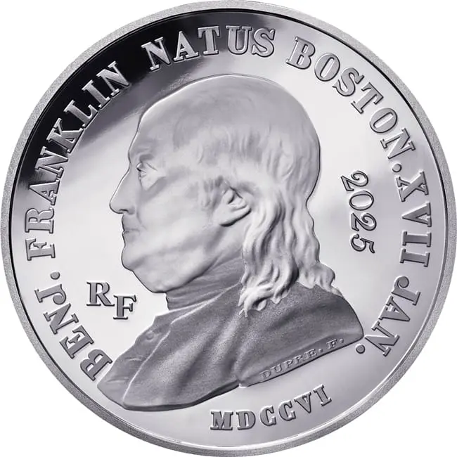 Stříbrná mince Benjamin Franklin 2025 – 20 € Francie, 1 oz ryzího stříbra, Proof