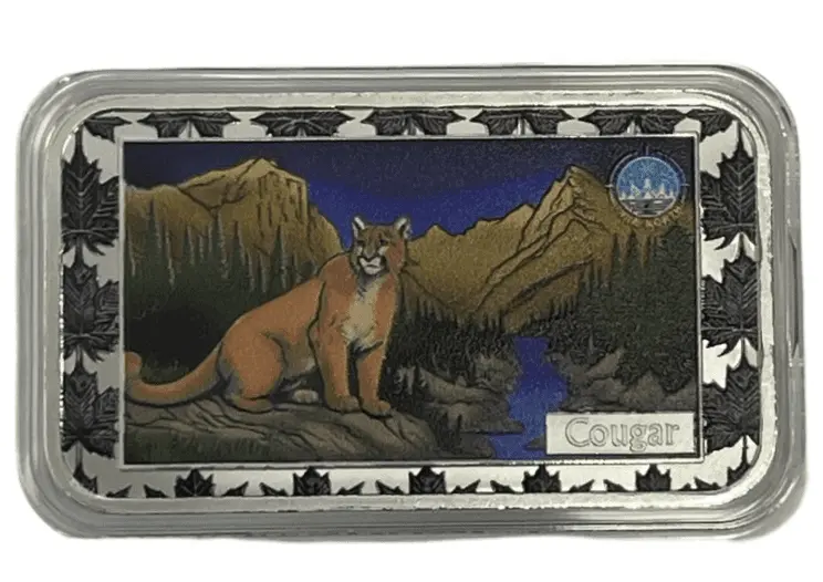 Slitek Canadian Wildlife – Cougar 1 oz, čisté stříbro, barevný, limitovaná ražba