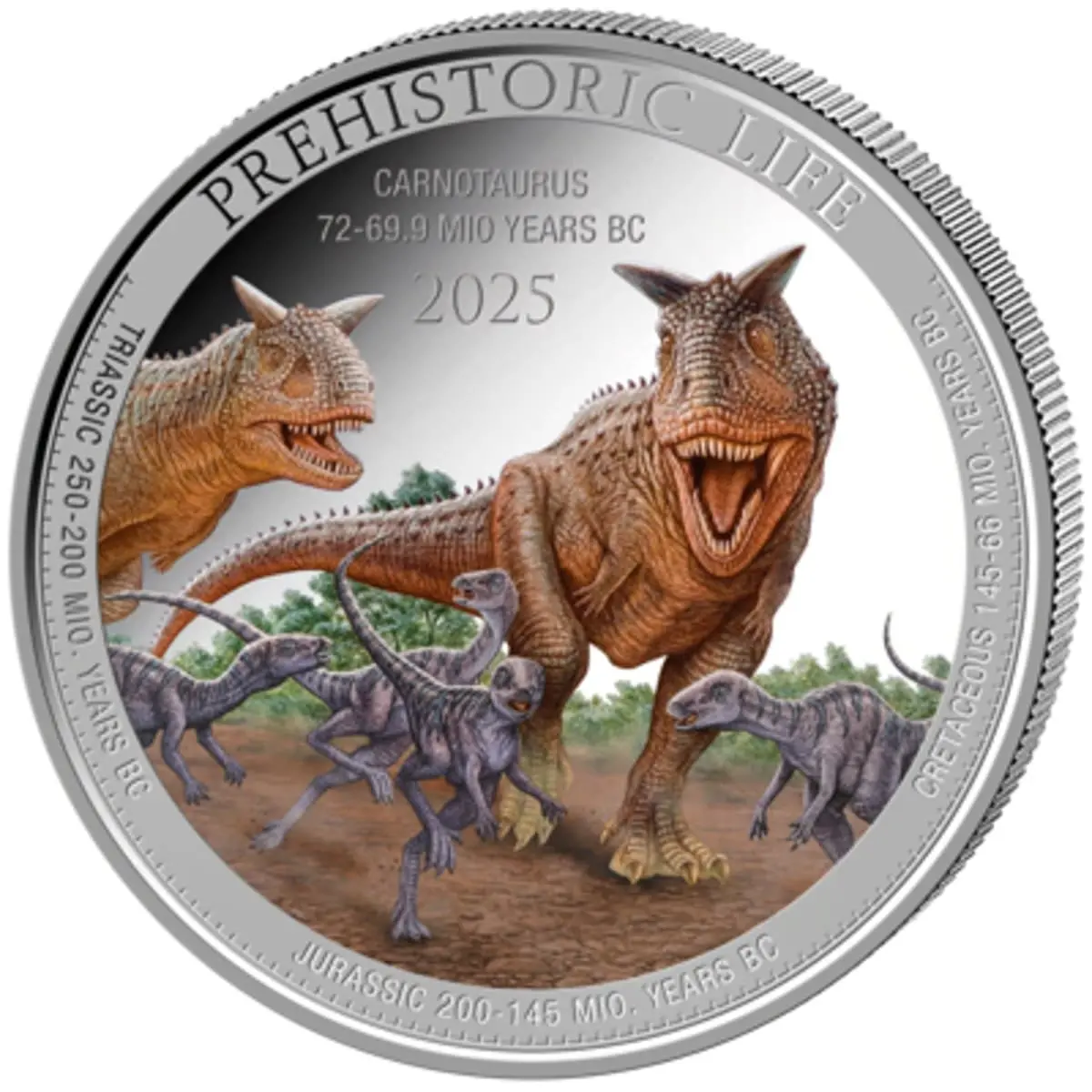 Stříbrná mince Prehistorický život II – Carnotaurus 2025, 1 oz, Demokratická republika Kongo
