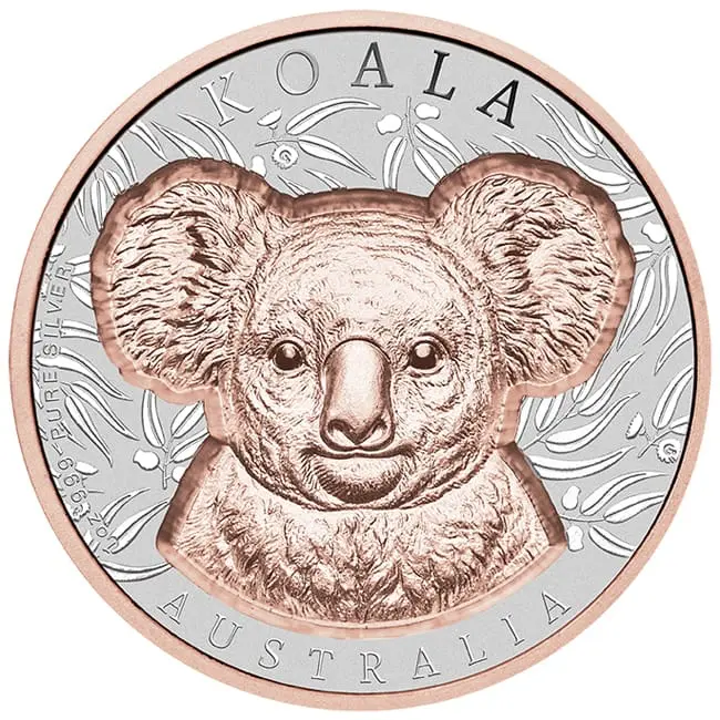 Stříbrná mince Koala z růžového zlata – Niue 2025, 1 oz, 2 dolary