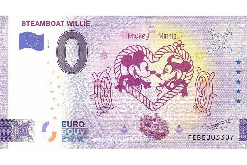 0 Euro suvenýrová bankovka Steamboat Willie 2025-3 Mickey and Minnie