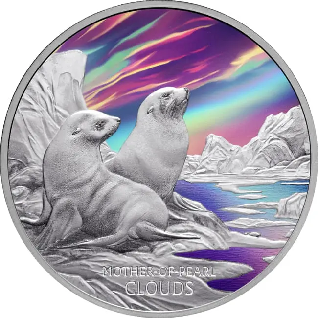 Stříbrná mince Tuvalu 2025 s perleťovými obláčky, 1 oz (s krabičkou a certifikátem pravosti)