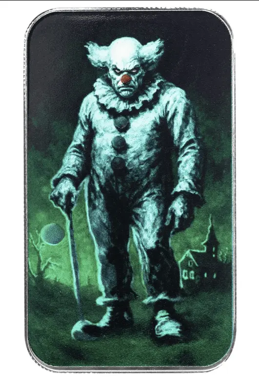 Stříbrný slitek Halloween Horor Karneval Klaun 2025 – 1 oz, Scottsdale Mint
