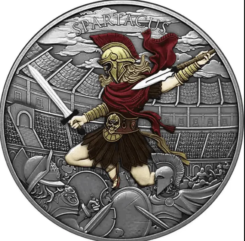Stříbrná mince Spartakus Legendary Warriors – 1 oz, Antique & barevná mince
