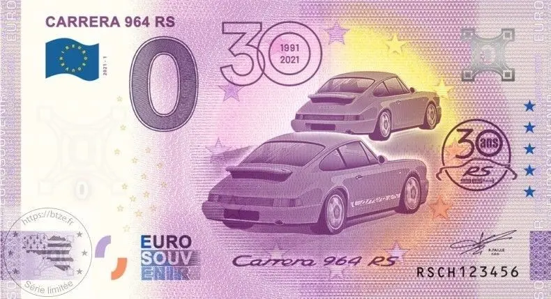 Švýcarsko – 0 Euro suvenýrová bankovka 2021 PORSCHE: CARRERA 964 RS RSCH 2021-1