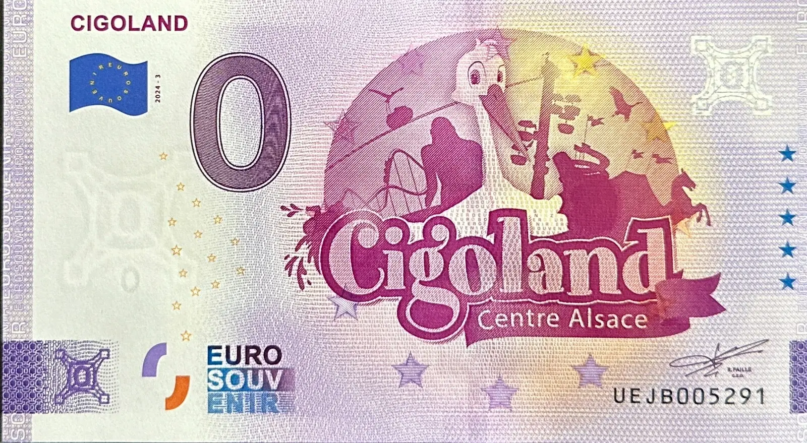 Francie – 0 Euro suvenýrová bankovka 2024 CIGOLAND (Alsasko – Park čápů)  UEJB 2024-3