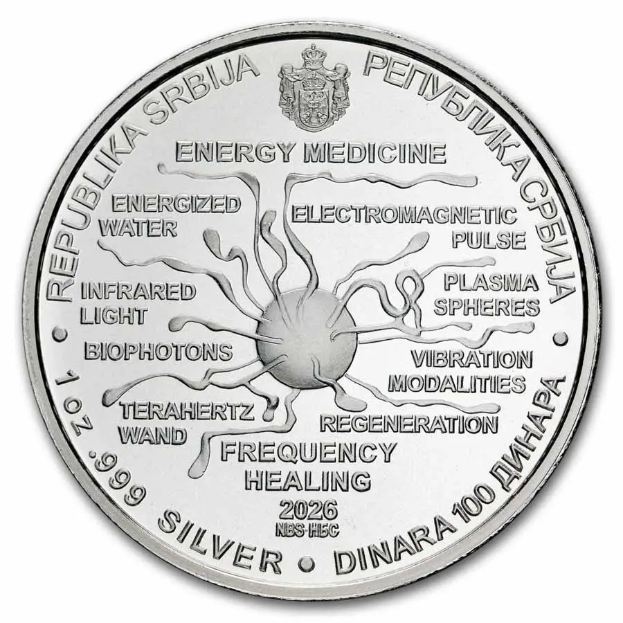 Srbsko – stříbrná mince 1 oz 100 Dinár 2026 Nikola Tesla: Energetická medicína Ag 999 BU