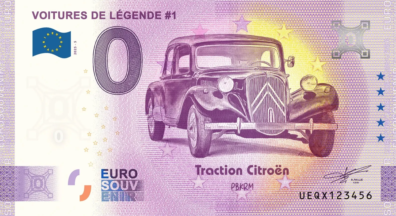 Francie – 0 Euro suvenýrová bankovka 2025 LEGENDÁRNÍ VOZY #1 (Voitures de Legende) UEQX 2025-5