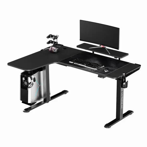 Herní stůl ULTRADESK WINGER – 111x155x60 cm, elektricky nastavitelná výška, RGB podsvícení, černá