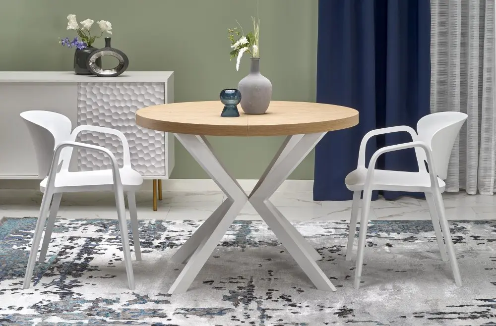 Jídelní kulatý rozkládací stůl PERONI – 100x100x75 (+150) dřevo, zlatý dub, bílá Halmar