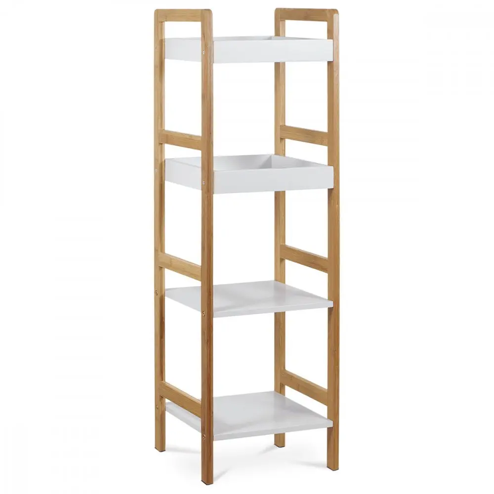 Regál, 4 police, masiv bambus, přírodní odstín, MDF, bílý matný lak, nosn. 12 kg Autronic