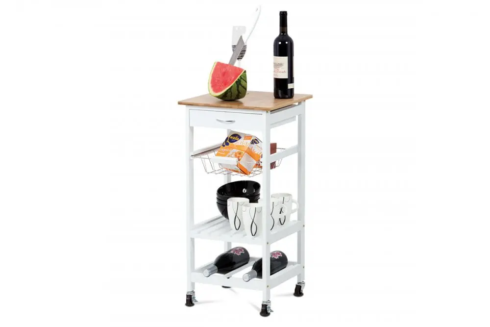 Servírovací stolek / regál, deska masiv bambus, MDF, bílý matný lak, pojezd Autronic