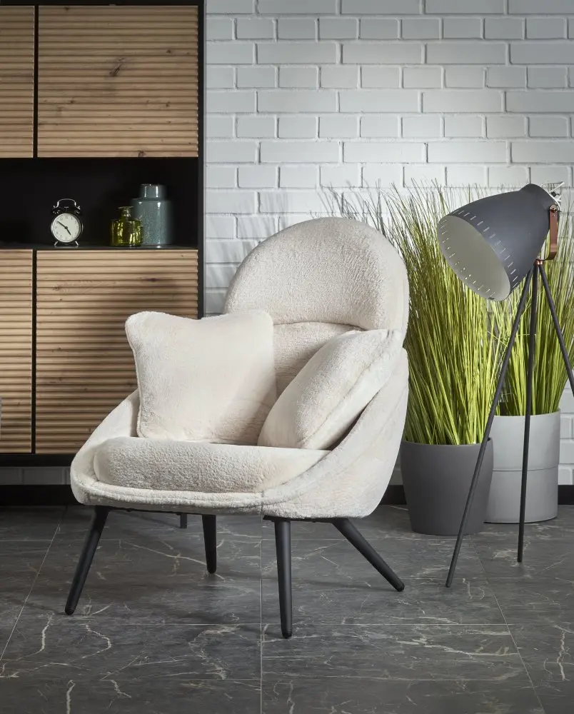 Designové křeslo MERRY s polštáři - ocel, látka, krémová Halmar