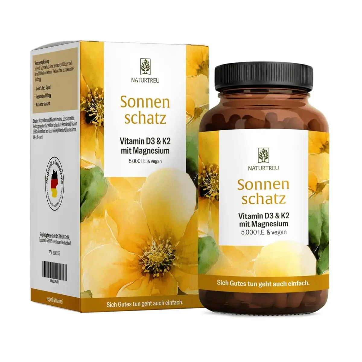 Naturteu Sluneční poklad – veganský vitamín D3 5 000 IU s K2 a hořčíkem (jedna dávka každých 5 dní), 90 kapslí