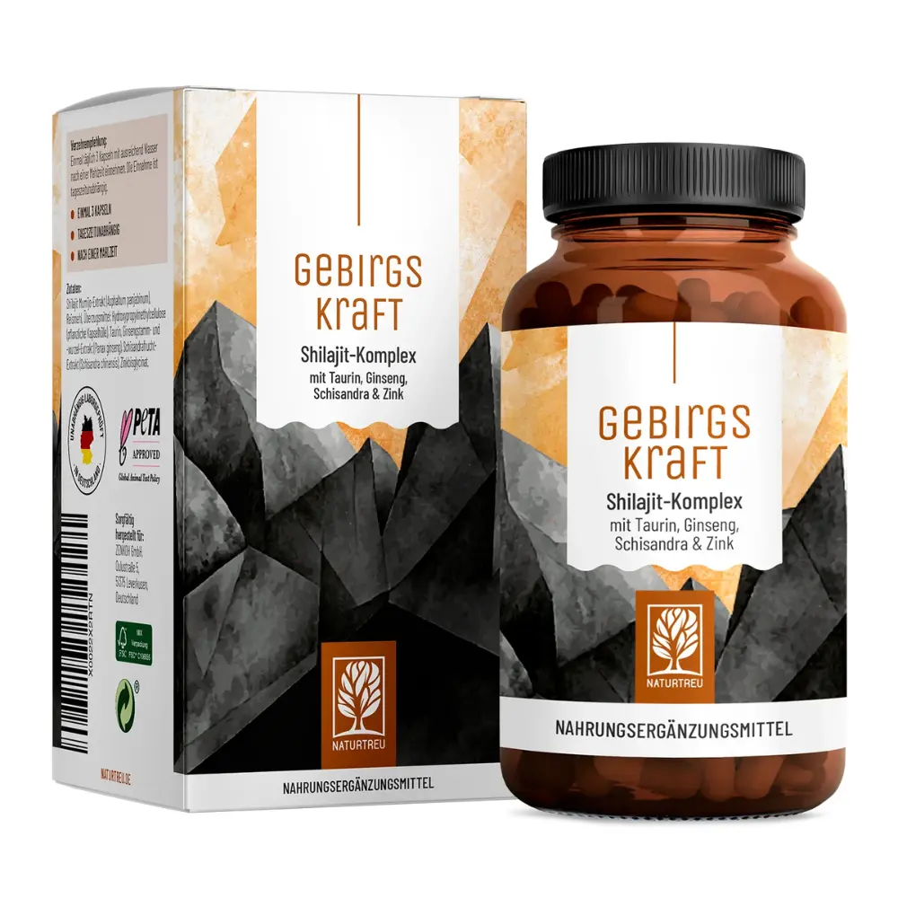 Naturtreu Horská síla – Shilajit komplex s Taurinem, Ženšenem, Schizandrou a Zinkem, 90 kapslí