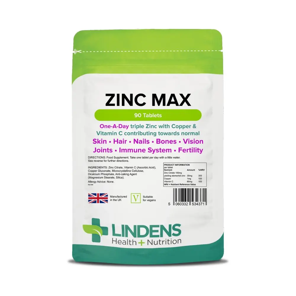LINDENS Health + Nutrition Zinek Max (+Měď & Vitamín C), 90 tablet