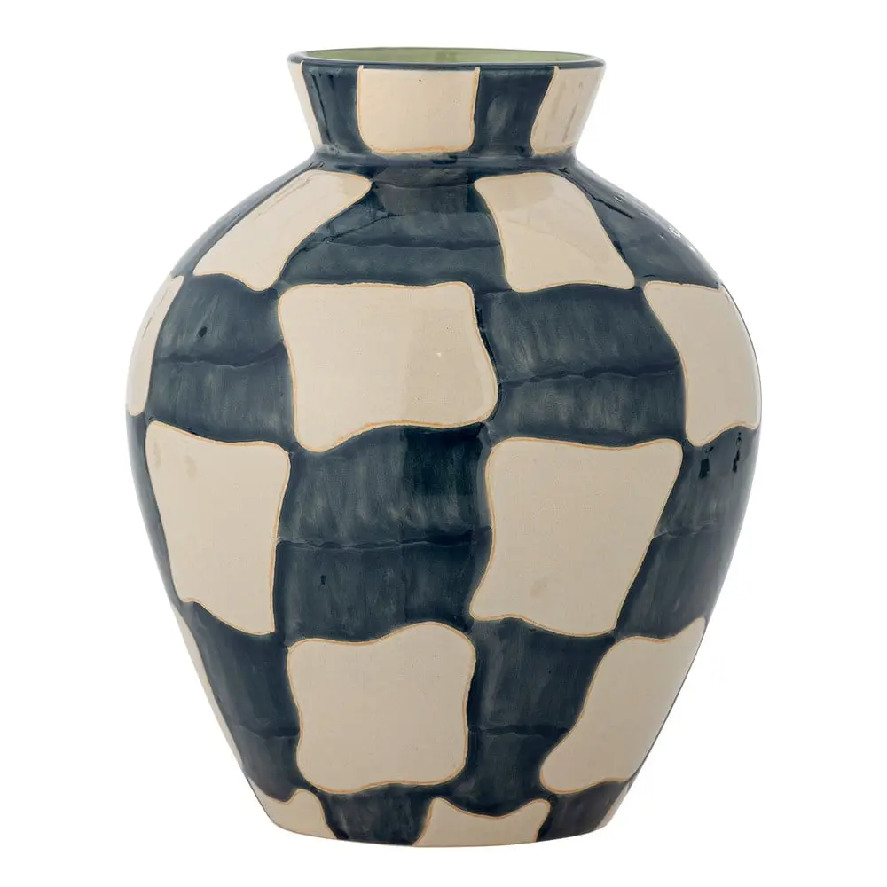 Modrá/krémová skleněná ručně malovaná váza (výška 24 cm) Check – Bloomingville