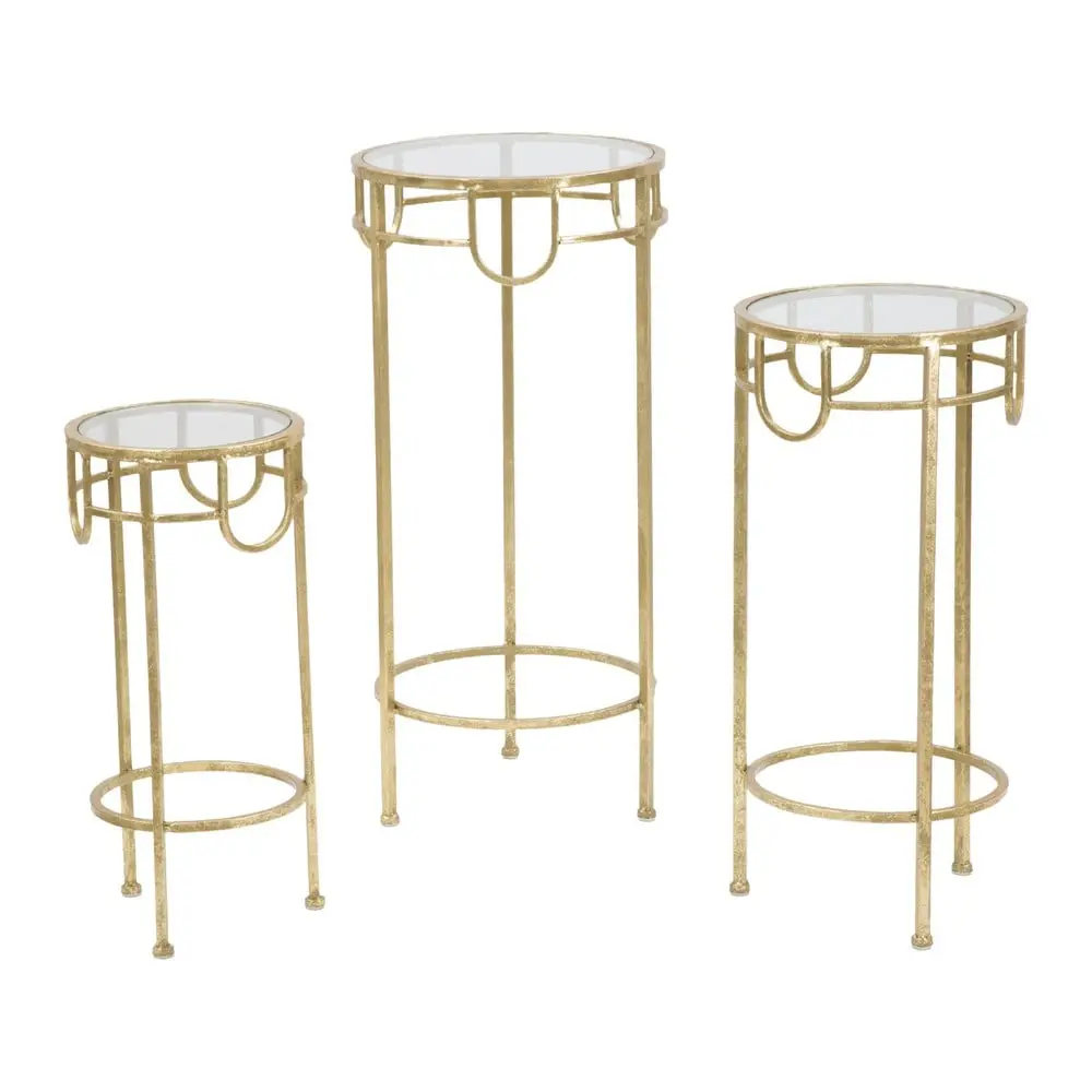 Estila Designová glamour sada kulatých příručních stolků Solara se skleněnou deskou a zlatým kovovým rámem s detaily 70 cm