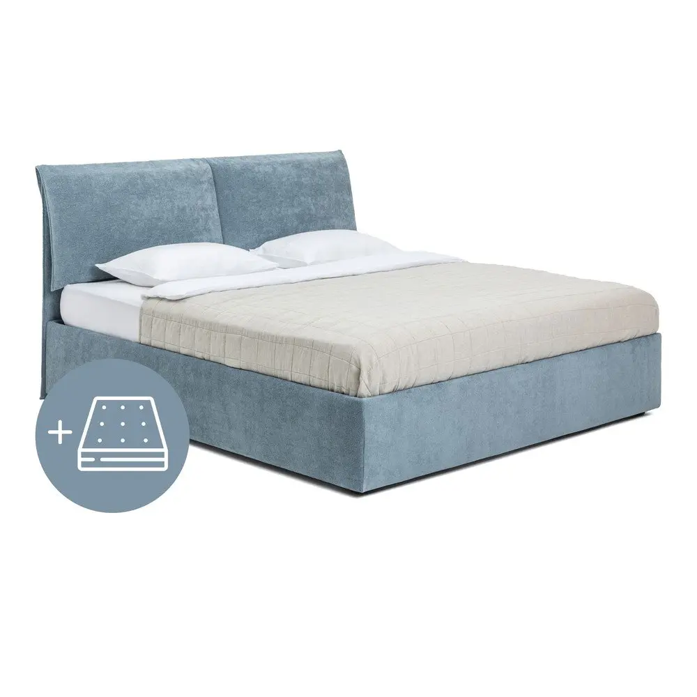 Modrá čalouněná dvoulůžková postel s úložným prostorem s matrací/s roštem 160x200 cm Thessa Pillow – Bonami Selection
