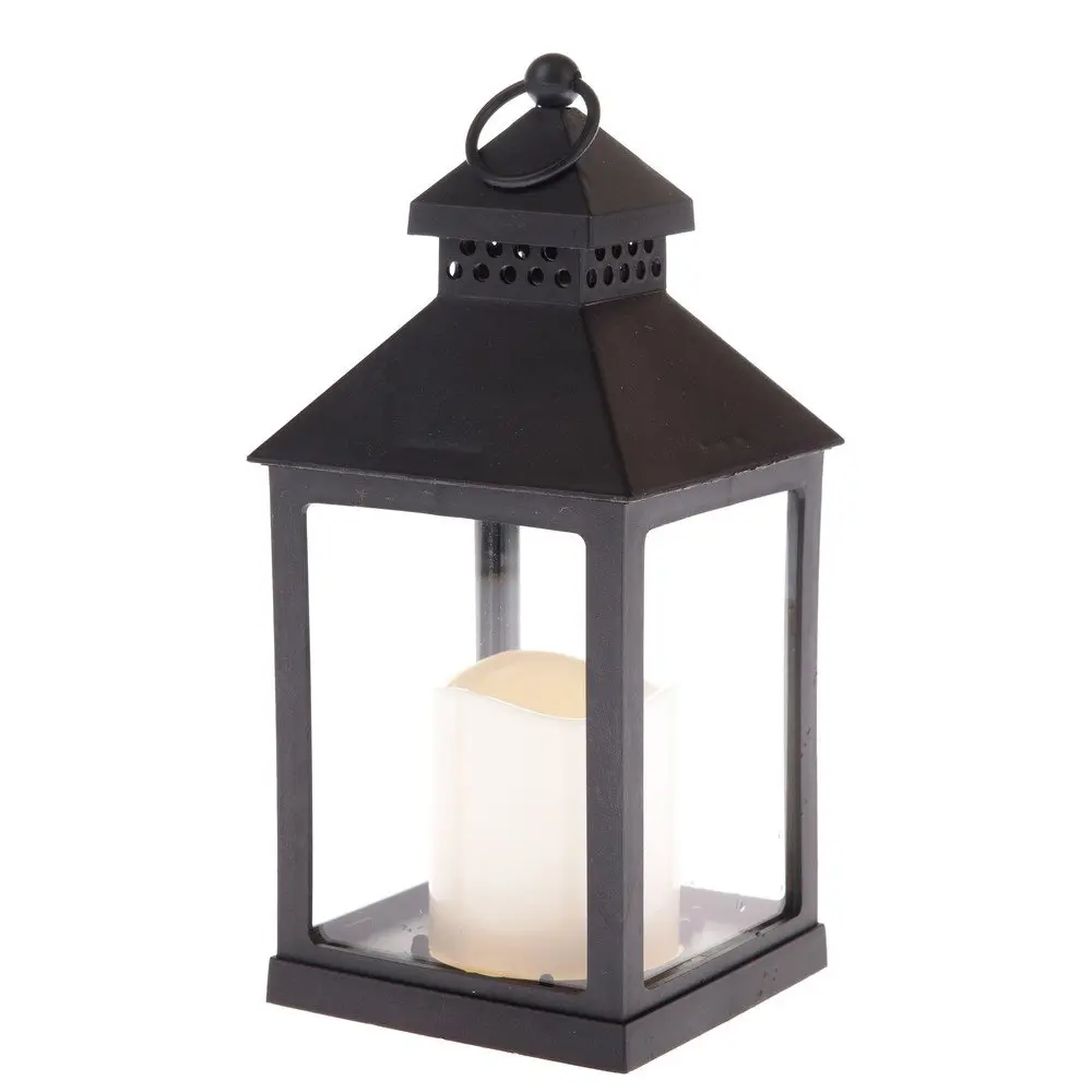 Lucerna s LED svíčkou Vintage černá, 10 x 20 x 10 cm, teplá bílá, plast