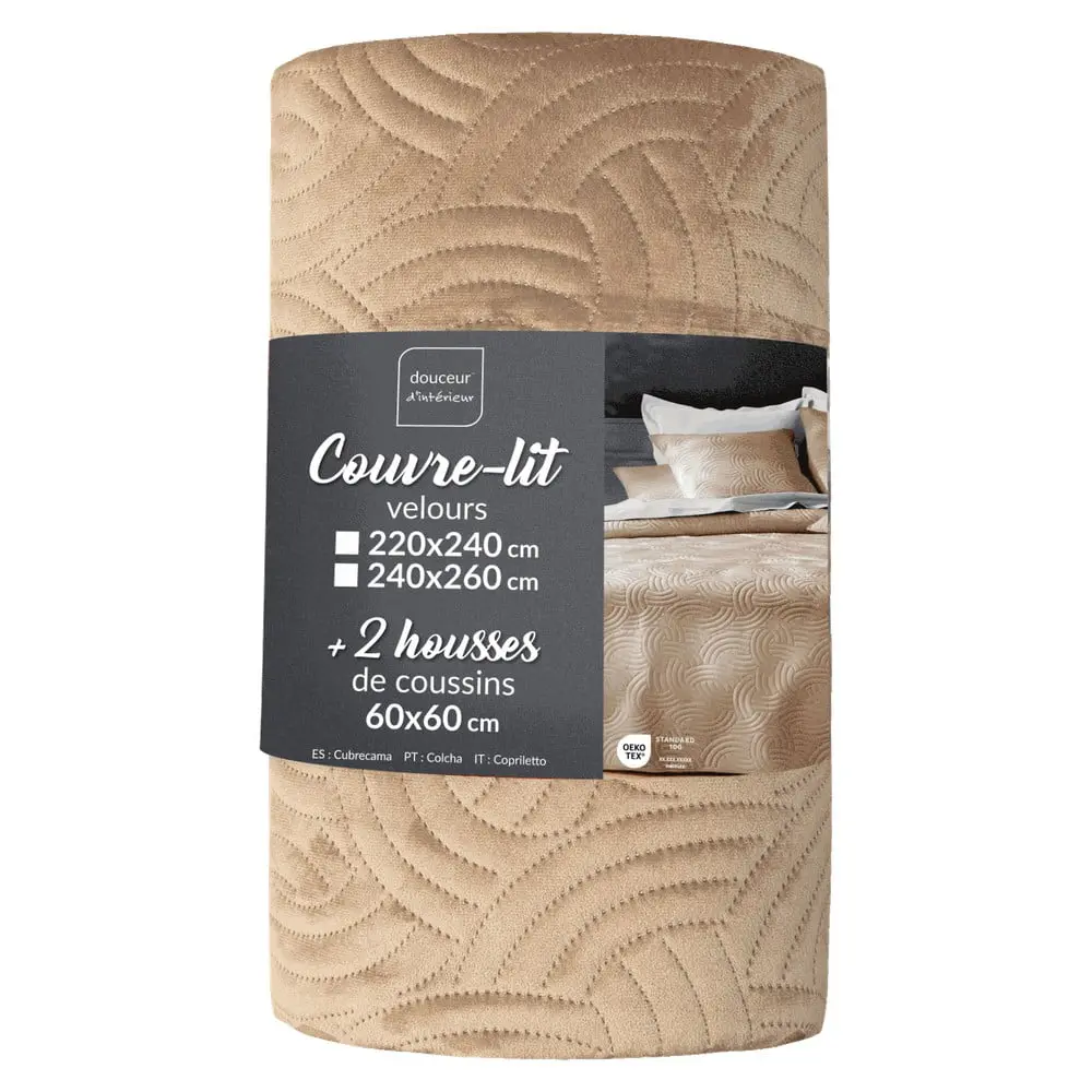 Béžový sametový set přehozu a povlaku na polštář 240x260 cm Solange – douceur d'intérieur