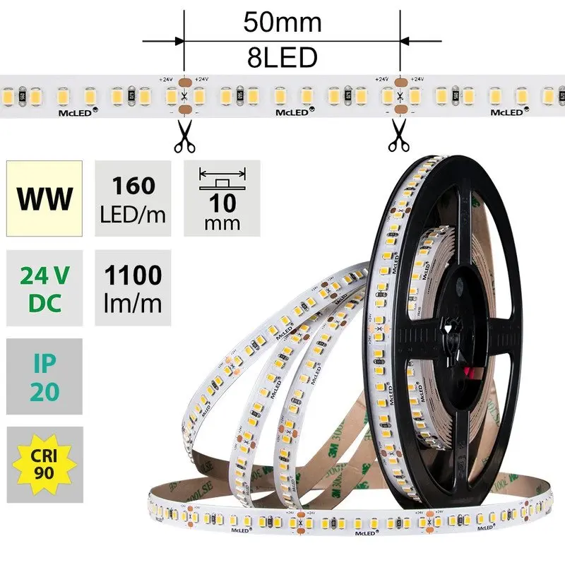 ML-126.019.90.0 AKCE - LED pásek SMD2835 WW 160LED/m 9W/m DC 24V 1100lm/m 3000K CRI90 IP20 10mm 5m - McLED