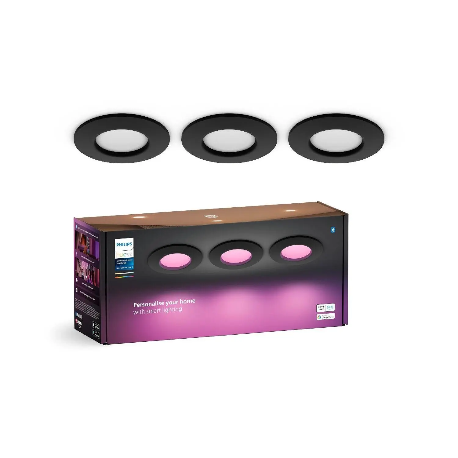 PH 8720169264793 Hue WCA Slim zápustné svítidlo 3x LED 8,3W 790lm 2200-6500K RGB CRI80 9cm kulaté IP44, černé - PHILIPS
