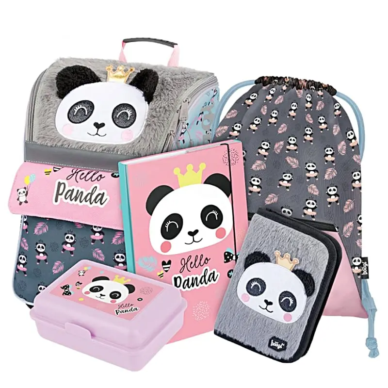 Školní aktovka v setu pro prvňáčky Baagl Zippy Panda s lahví - 5 dílů