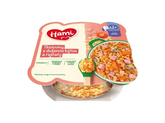 HAMI masozeleninový talířek Těstoviny s dušenou kýtou a rajčaty 230 g