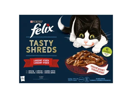 Felix Tasty Shreds kapsičky pro kočky hovězí, kuře, kachna, krůta ve šťávě 12 x 80 g