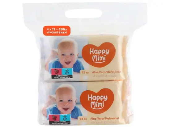 Happy Mimi dětské vlhčené ubrousky aloe vera + heřmánek 4 x 72 ks