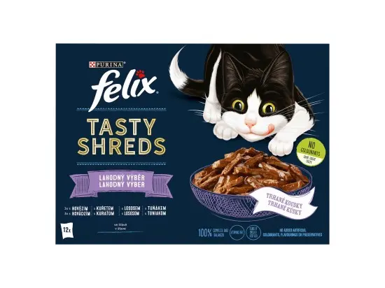 Felix Tasty Shreds 12 x 80 g Hovězí, Kuřecí, Losos, Tuňák ve šťávě