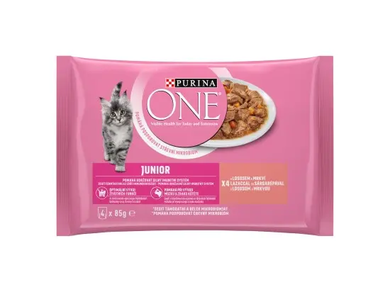 Purina One Kapsička pro kočky Junior s lososem a mrkví ve šťávě multipack 4x 85 g 340 g