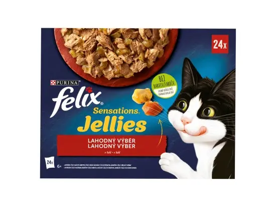Felix Sensations Multipack 24 x 85 g v želé Hovězí s rajčaty,Kuřecí s mrkví, Kachní se špen