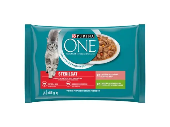 Purina One Kapsička pro kočky Sterilcat s krůtou a zelenými fazolkami, s lososem a mrkví ve šťávě multipack 4x 85 g 340 g