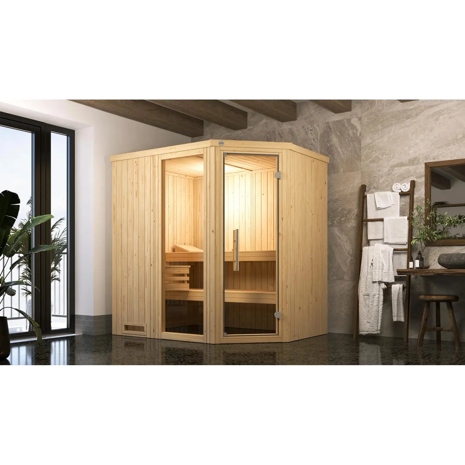 Weka Dřevěná sauna Varberg 1 skl.dv.+okno, přír., 194x144x199cm + BioAktiv 4,5kW