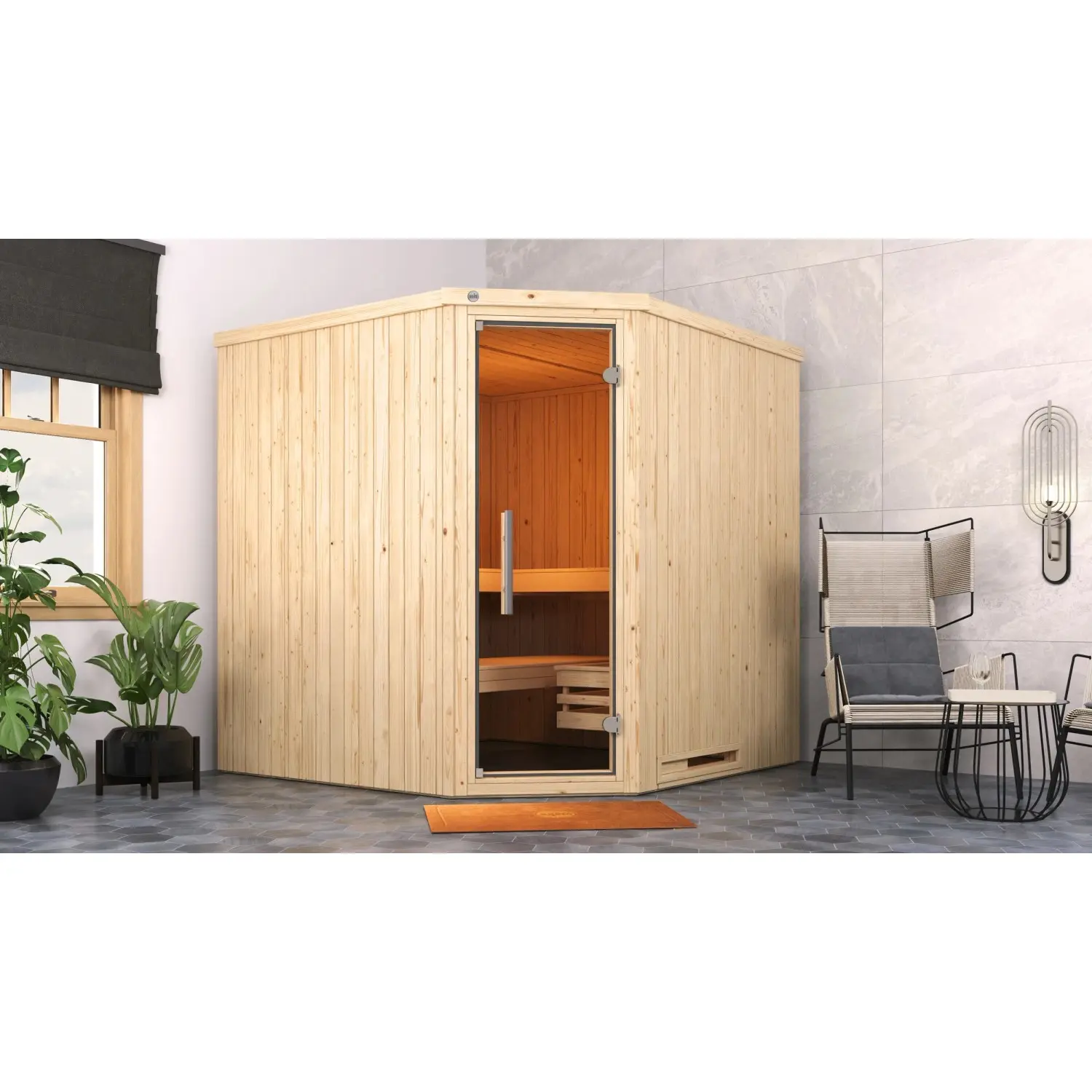 Weka Dřevěná sauna Varberg 3 skl.dveře, přírodní, 194x194x199 cm + Kompakt 9kW