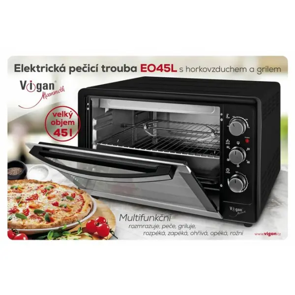 Elektrická trouba s grilem, horkým vzduchem a dvěma plotýnkami Vigan EO45L-2P