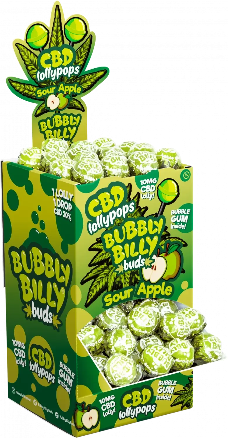 Bubbly Billy Buds 10 mg CBD Lízátka Kyselé Jablko se žvýkačkou uvnitř - Display Box (100 Lízátek), 1800 g