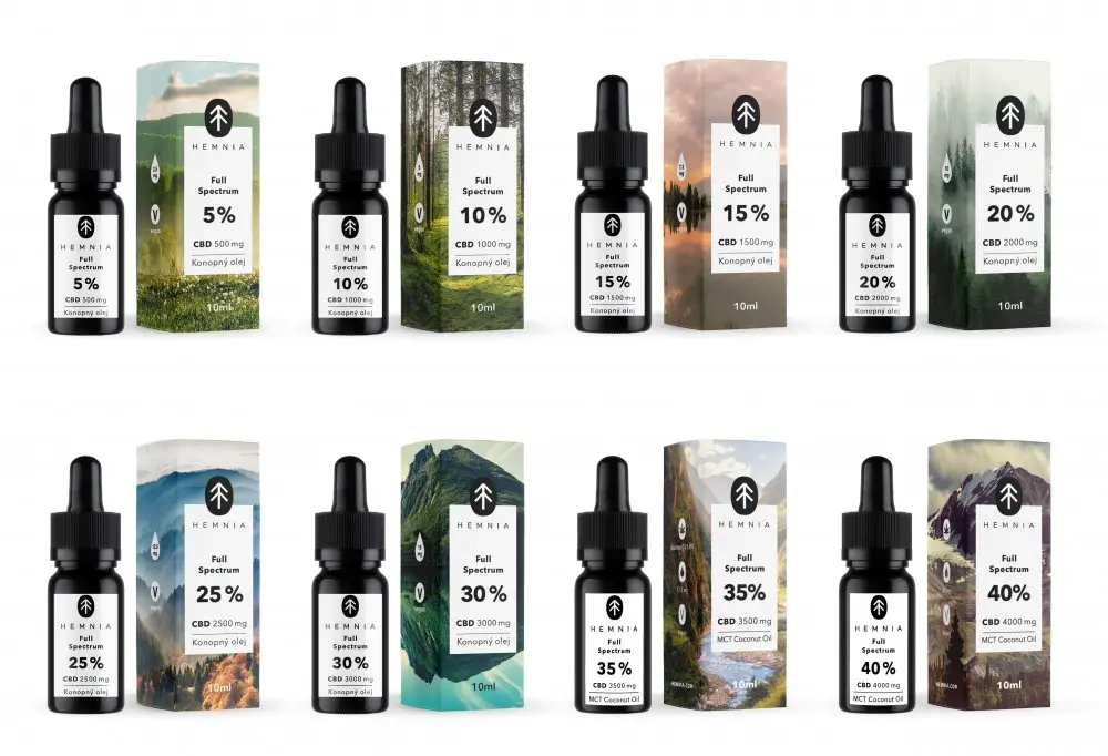 Hemnia Full Spectrum CBD oleje 5% až 40%, All in One Set - 8 koncentrací x 1 ks, 80 ml