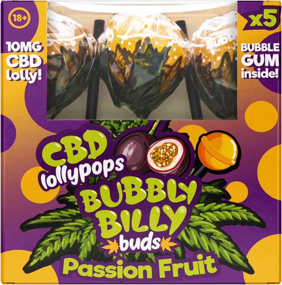 Bubbly Billy Buds CBD Lízátka Maracuja se žvýkačkou uvnitř - Dárková krabička (5 lízátek), 100 g